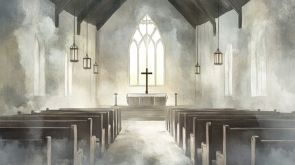 Atmospheric illustration depicting the interior of a peaceful church sanctuary with pews, cross, window, and hanging lanterns.