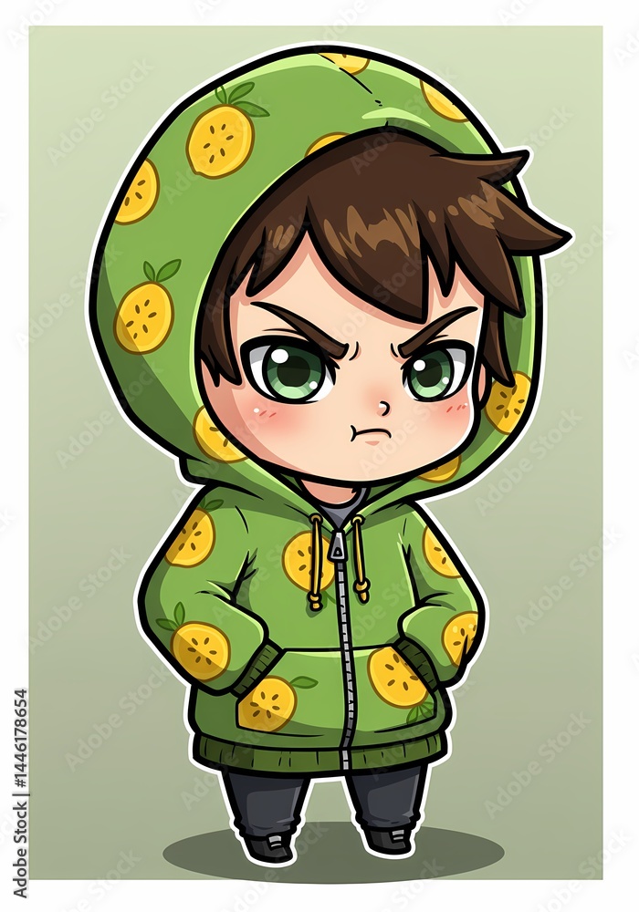 Poster expressive cartoon character in citrus-themed hoodie conveying a playfully grumpy mood and demonstra