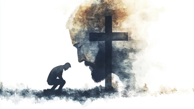 Man kneels in prayer before faith symbol, contemplative religious scene depicting spiritual reflection and divinity concept in muted tones