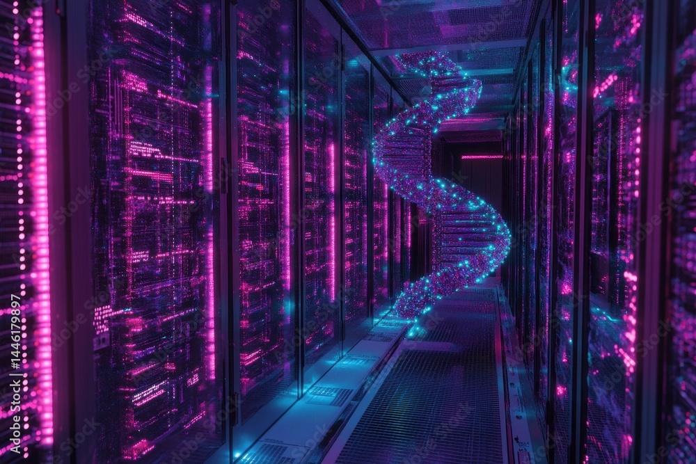 Poster dna strands integrated with data processing visualized in a modern server room environment, dna stra
