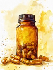 Amber Bottle of Capsules - A watercolor illustration of amber glass bottle filled with golden capsules, spilling slightly onto a yellow-toned background