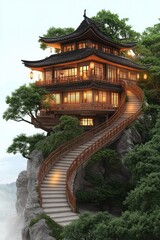 Fototapeta premium Illuminated Mountaintop Temple with Winding Staircase