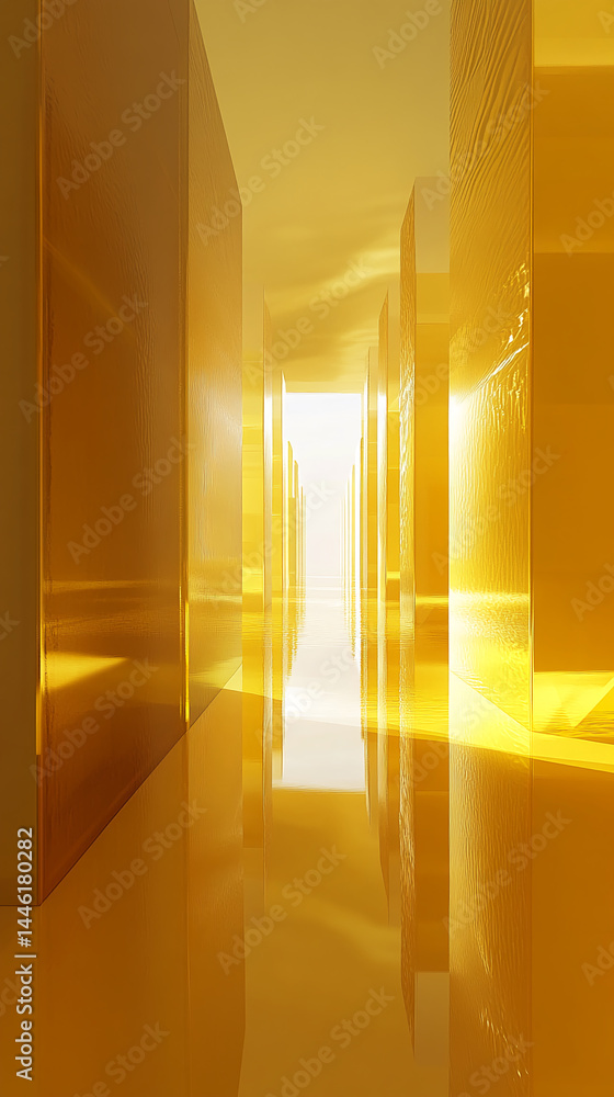 Poster Golden textured walls form a reflective corridor, creating an abstract architectural showcase ideal for luxury or technology brands