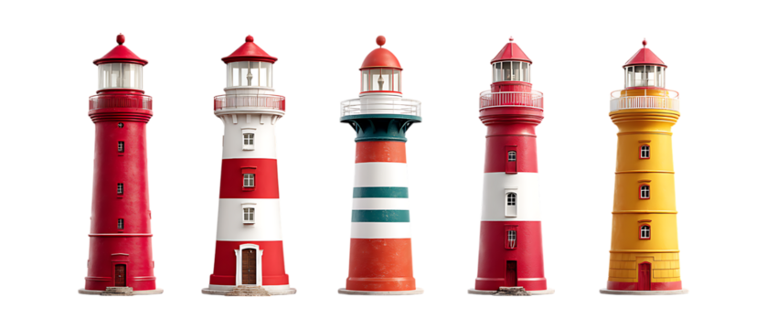 Pack of Lighthouses Against Transparent Background for Coastal Design, Nautical Illustrations, or Travel Projects