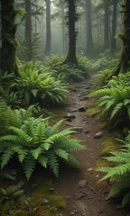 Fototapeta premium Deep green ferns unfurl on a mossy forest floor , macro, wilderness