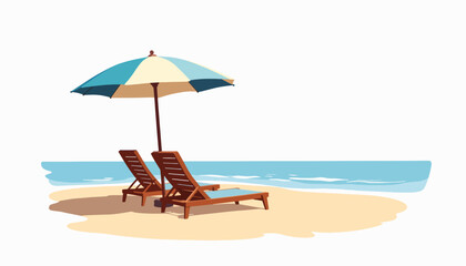 Empty lounge chairs under beach umbrella, serene vacation ambiance