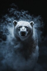 Obraz premium Majestic polar bear emerging from mist arctic region wildlife photography dramatic environment close-up view nature conservation