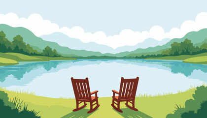 Serene retirement scene with rocking chairs by calm lake, tranquility