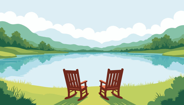 Serene retirement scene with rocking chairs by calm lake, tranquility