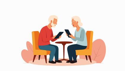 Senior couple enjoying gadgets together at home, technology connection