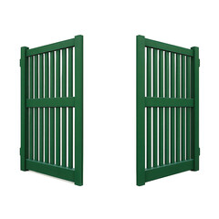 Crisp green painted double garden gates standing slightly ajar, hinting at a garden or pathway entrance.