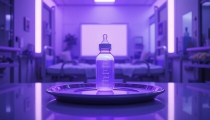 Baby Bottle on Tray in Hospital Setting with Purple Lighting