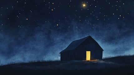 Solitary wooden barn with golden light spilling from open door under brilliant star in dark night sky