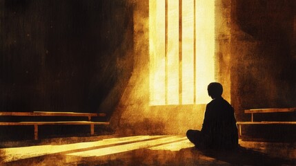 Fototapeta premium Solitary figure sitting in deep contemplation near a bright window in a dark room