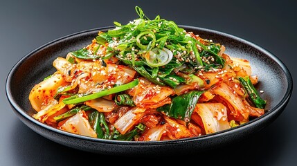 Kimchi Salad Close Up in Black Bowl Vibrant Red Green Onions Dark Studio Lighting