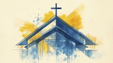 Painterly church architecture with a cross done in watercolor blue and yellow wash
