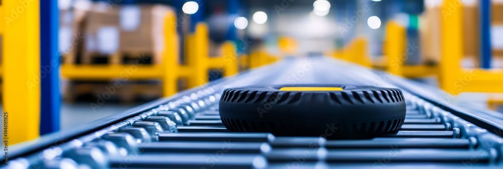 Poster automated warehouse conveyor system - close-up of a small, black wheel on a modern automated conveyo