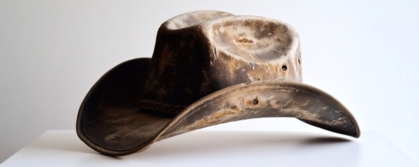 A weathered cowboy hat rests on a clean white surface