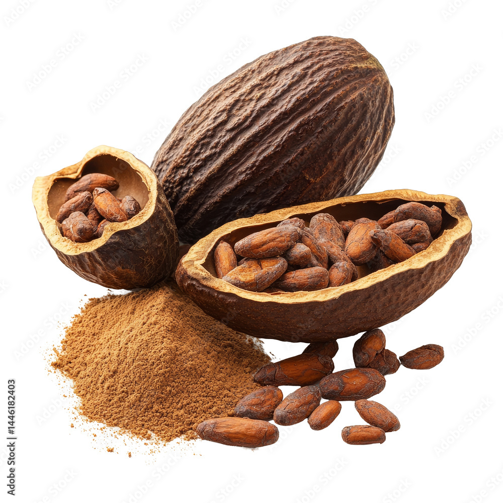 Poster cocoa pods with cocoa beans and powder isolated on a transparent background in a detailed arrangemen