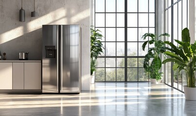 Elegant kitchen interior with modern appliances and sleek decor, soft natural light streaming through large windows, clean neutral tones, high detail,