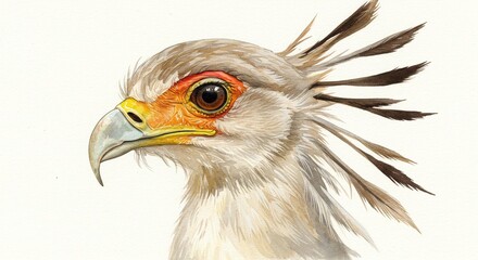 Detailed watercolor portrait of a Secretary Bird with distinctive head feathers.