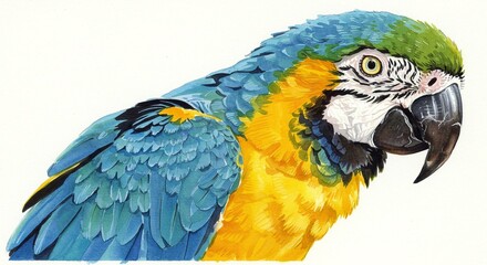 Fototapeta premium Close-up of a macaw parrot showcasing its vibrant blue and yellow plumage details.