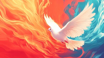 Obraz premium Flight of the white dove amidst fiery background of passion and calm surreal art digital medium dramatic contrast symbol of peace
