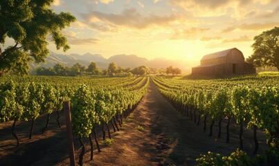 Naklejka premium Idyllic vineyard at sunset with rows of lush grapevines, a rustic barn in the distance, and soft golden light creating a warm atmosphere, .
