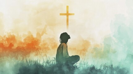 Contemplative figure meditating outdoors under a symbolic cross in dreamy watercolor-like landscape evoking spirituality
