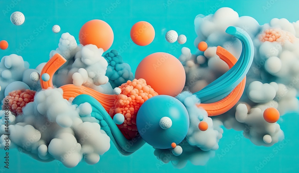 Poster abstract composition of swirling, soft forms in pastel colors. fuzzy, whimsical shapes float on a te