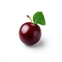 Single plum with leaf isolated on white background