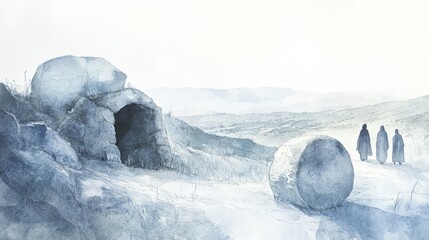 Watercolor Depiction of Empty Tomb with Rolled Stone and Figures in Robes on Distant Hillside Overlooking Valley