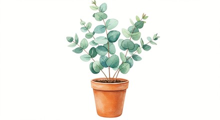 Obraz premium Watercolor eucalyptus plant in a pot with green leaves isolated against white.