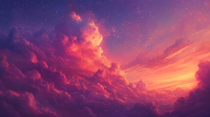 Naklejka premium Vibrant sunset cloudscape, fiery orange and purple hues, scattered stars, creating a dreamy, ethereal atmosphere, ideal for fantasy or celestial themes