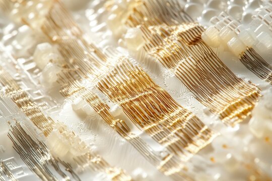 Abstract close-up of a textured surface with gold and white elements, resembling intricate circuitry or a high-tech material.