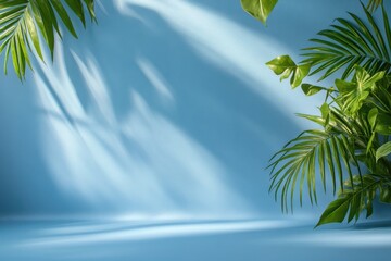 Tropical leaves on a blue background with light and shadows