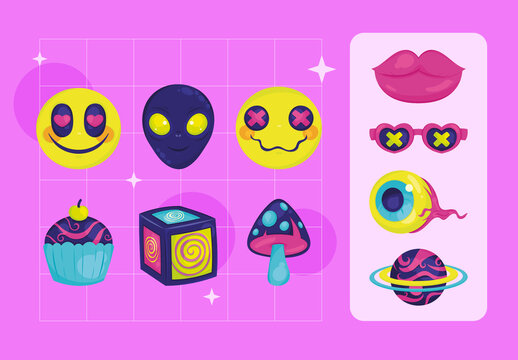 Bright Abstract Trippy Emoticon Alien Psychedelic Stickers Set