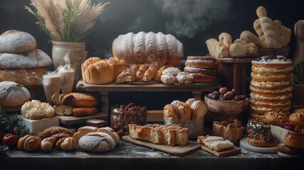 Illustrated Assortment of Freshly Baked Breads and Pastries Bakery Scene