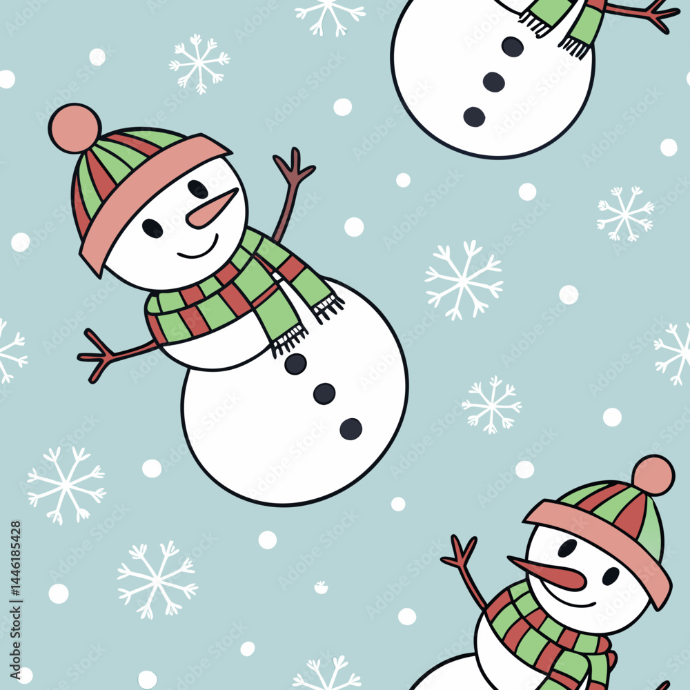 Poster seamless vector pattern of cheerful snowmen with snowflakes