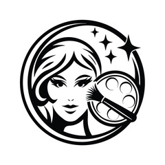 Elegant Woman Silhouette with Brush and Palette Inside Circular Design with Stars