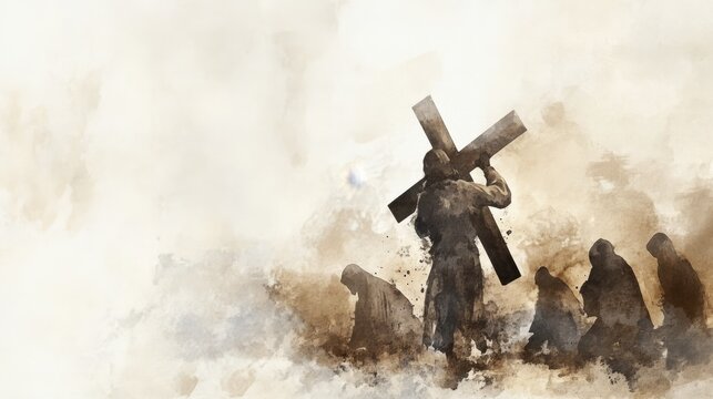 Abstract figure carrying cross followed by people kneeling in watercolor style