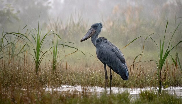 the shoebill stork balaeniceps rex stands poised in a rain soaked wetland its commanding presence and unique features highlighted by the misty backdrop of reeds and grasses