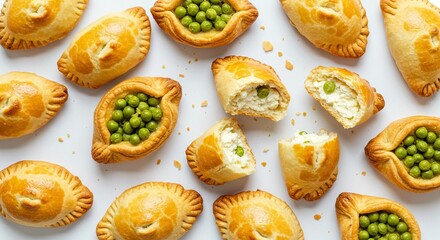 Golden pastries filled with peas and cheese creating appetizing visual spread.