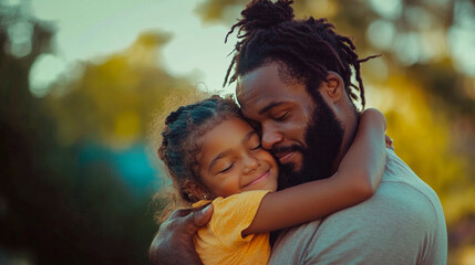A loving father embraces his daughter tenderly in an outdoor setting with soft, natural lighting