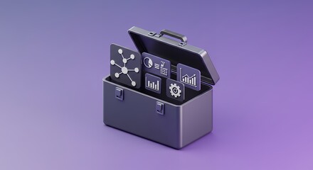 Open gray toolbox full of digital icons on purple background