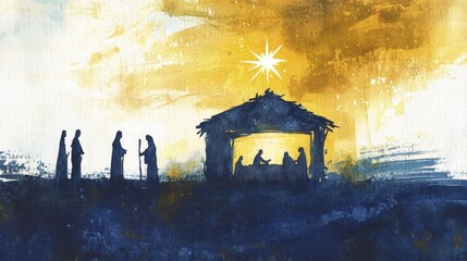 Watercolor Nativity Scene Featuring Wisemen Visiting Stable Under Guiding Star on Gold and Blue Textured Background