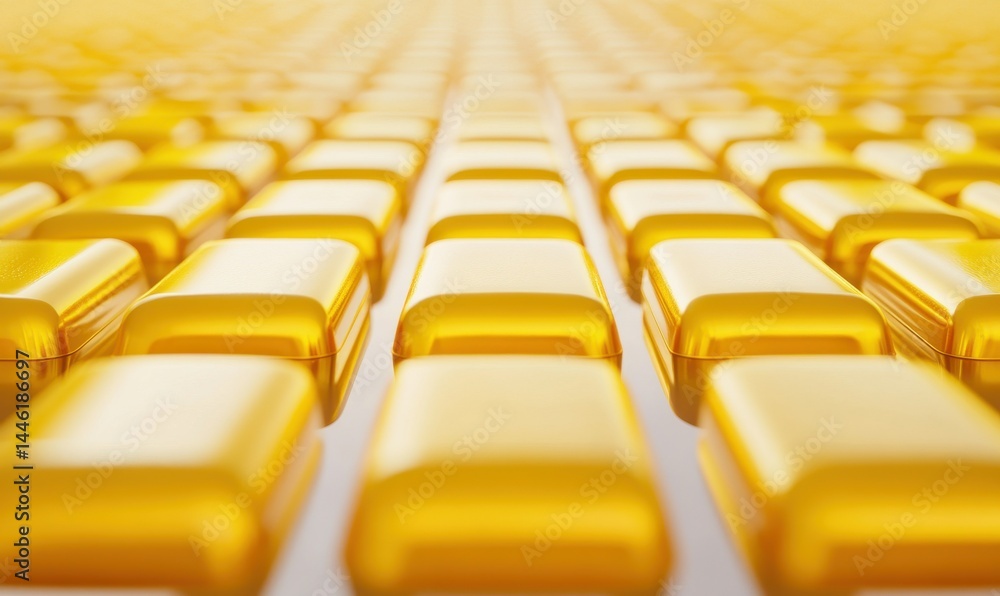 Poster rows of golden ingots arranged neatly on a reflective surface, vibrant yellow tones creating depth a