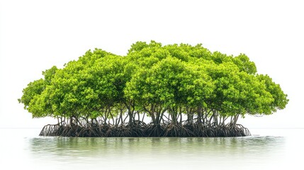 Lush mangrove island ecosystem green trees calm water isolated