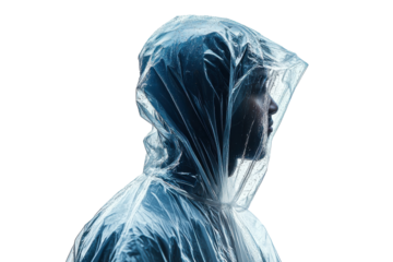 A solitary figure shrouded in a transparent raincoat stands silhouetted against a bright clear sky