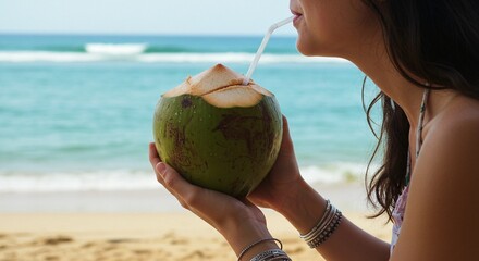 Woman enjoying a coconut drink on a beautiful tropical beach vacation.